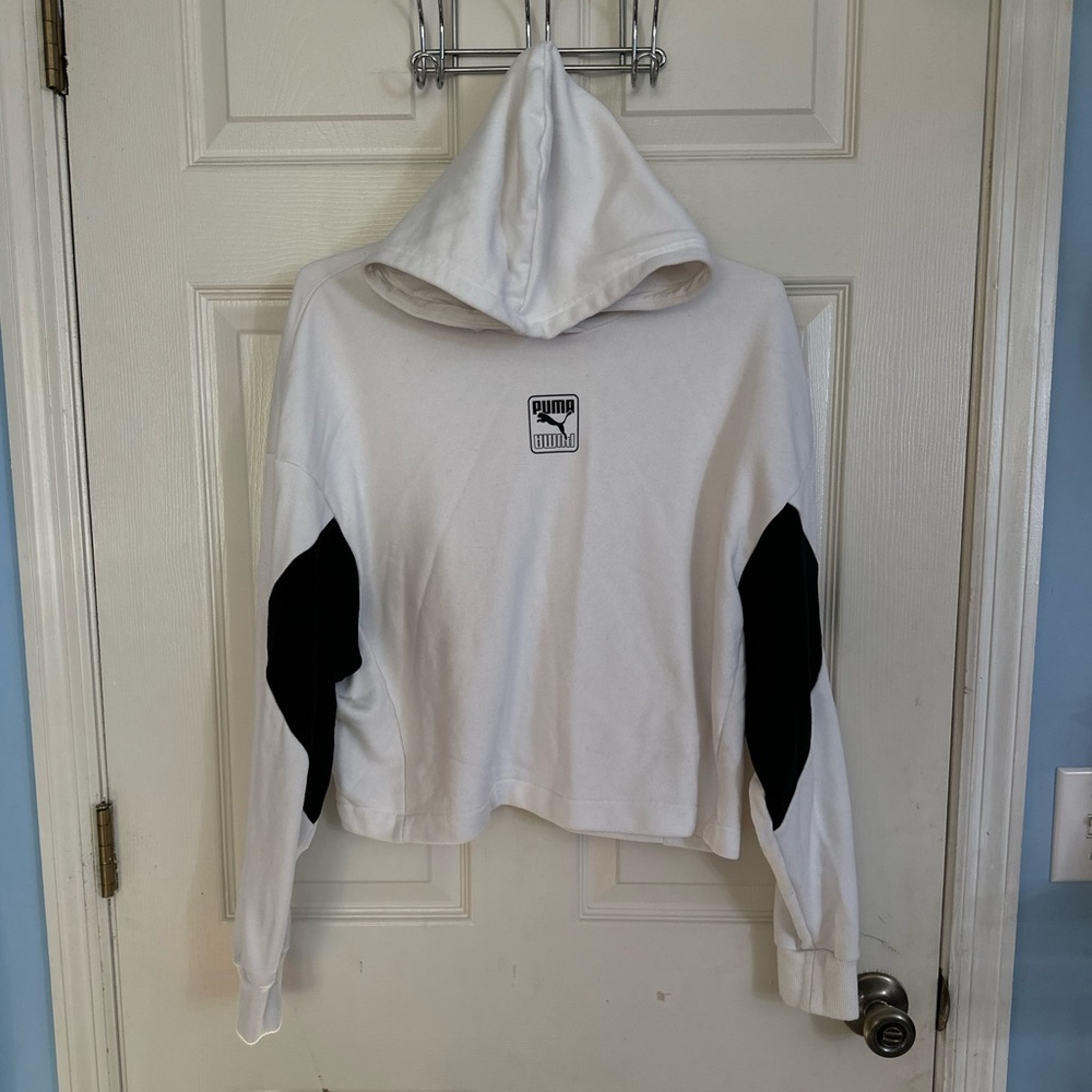 PUMA Cropped Hoodie Women’s L Black White Cotton Blend Logo